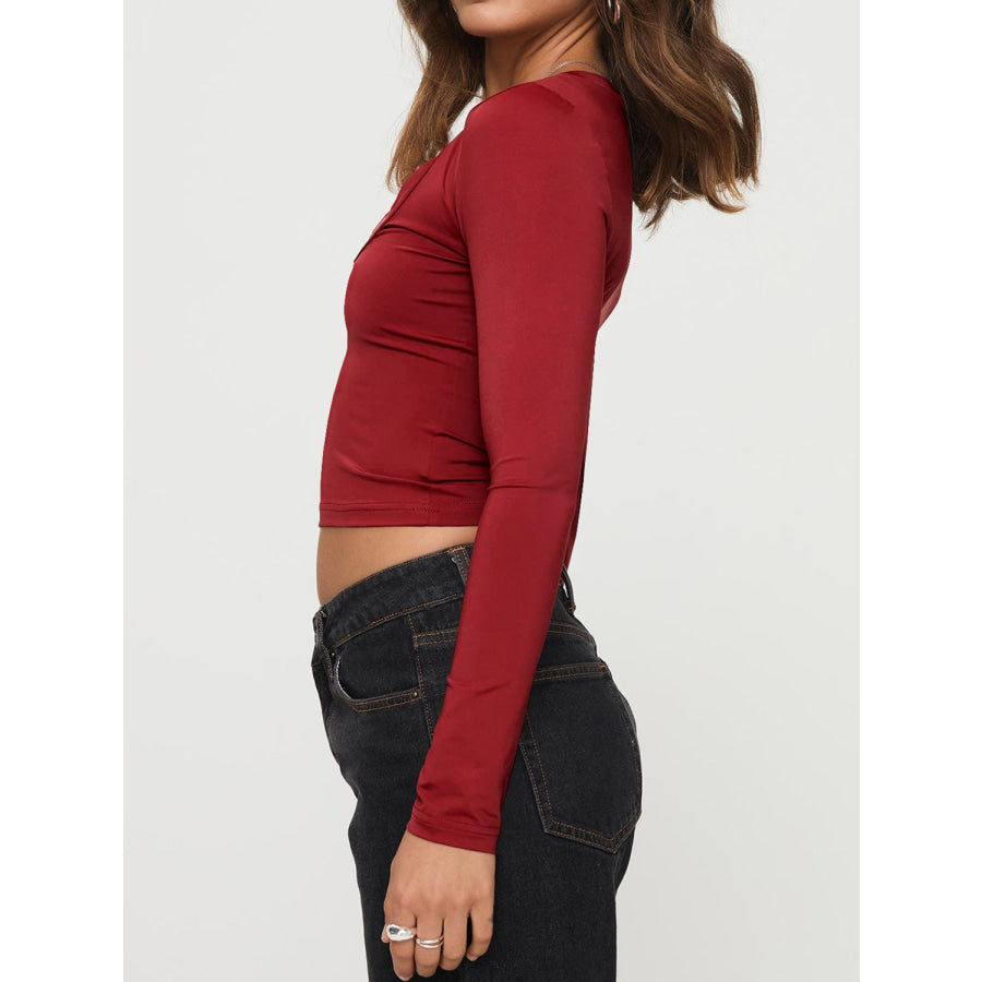 Scoop Neck Long Sleeve Cropped T-Shirt Burgundy / S Apparel and Accessories