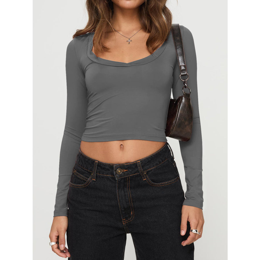 Scoop Neck Long Sleeve Cropped T-Shirt Dark Gray / S Apparel and Accessories