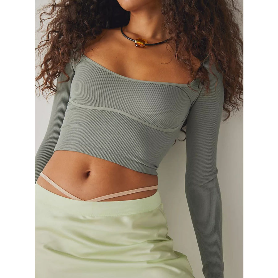 Scoop Neck Long Sleeve Cropped T-Shirt Sage / S Apparel and Accessories