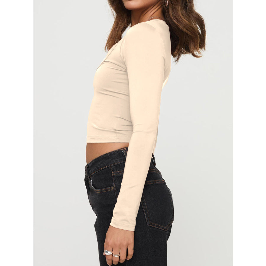 Scoop Neck Long Sleeve Cropped T-Shirt Tan / S Apparel and Accessories