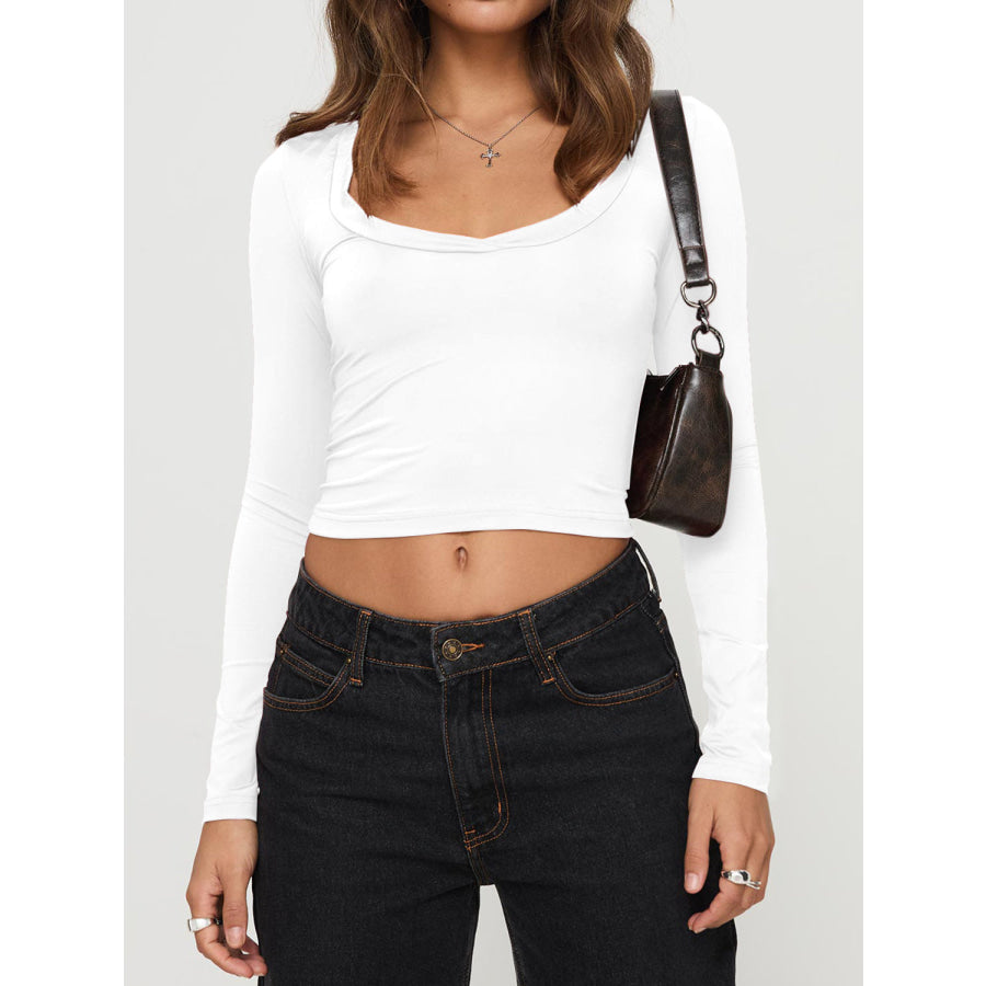 Scoop Neck Long Sleeve Cropped T-Shirt White / S Apparel and Accessories