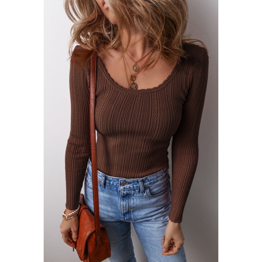 Scoop Neck Long Sleeve Knit Top Coffee Brown / S Apparel and Accessories