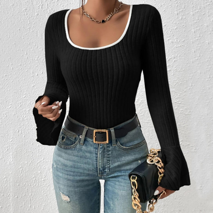 Scoop Neck Long Sleeve T-Shirt Black / S Apparel and Accessories