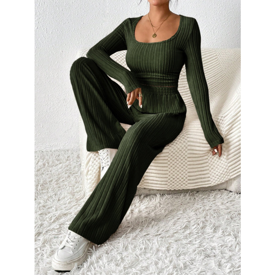 Scoop Neck Long Sleeve Top and Pants Set Apparel and Accessories