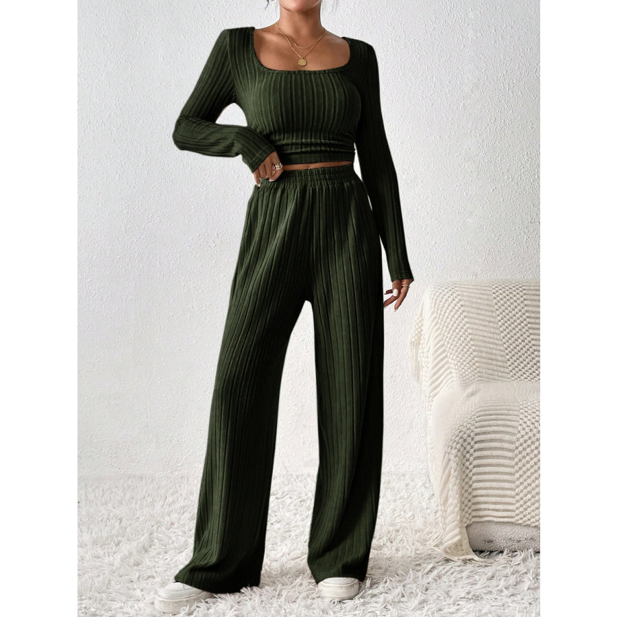 Scoop Neck Long Sleeve Top and Pants Set Apparel and Accessories