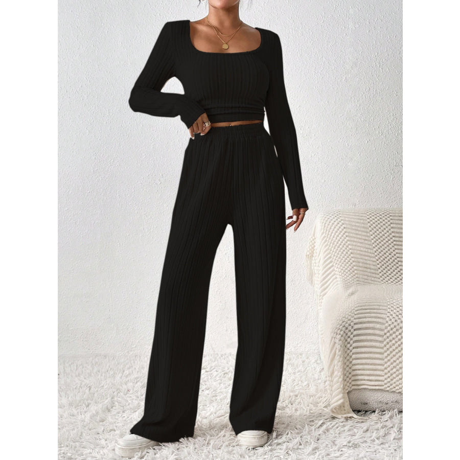 Scoop Neck Long Sleeve Top and Pants Set Apparel and Accessories