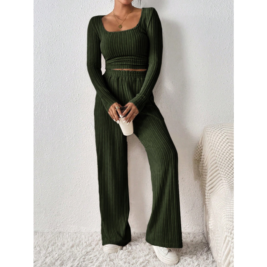 Scoop Neck Long Sleeve Top and Pants Set Apparel and Accessories