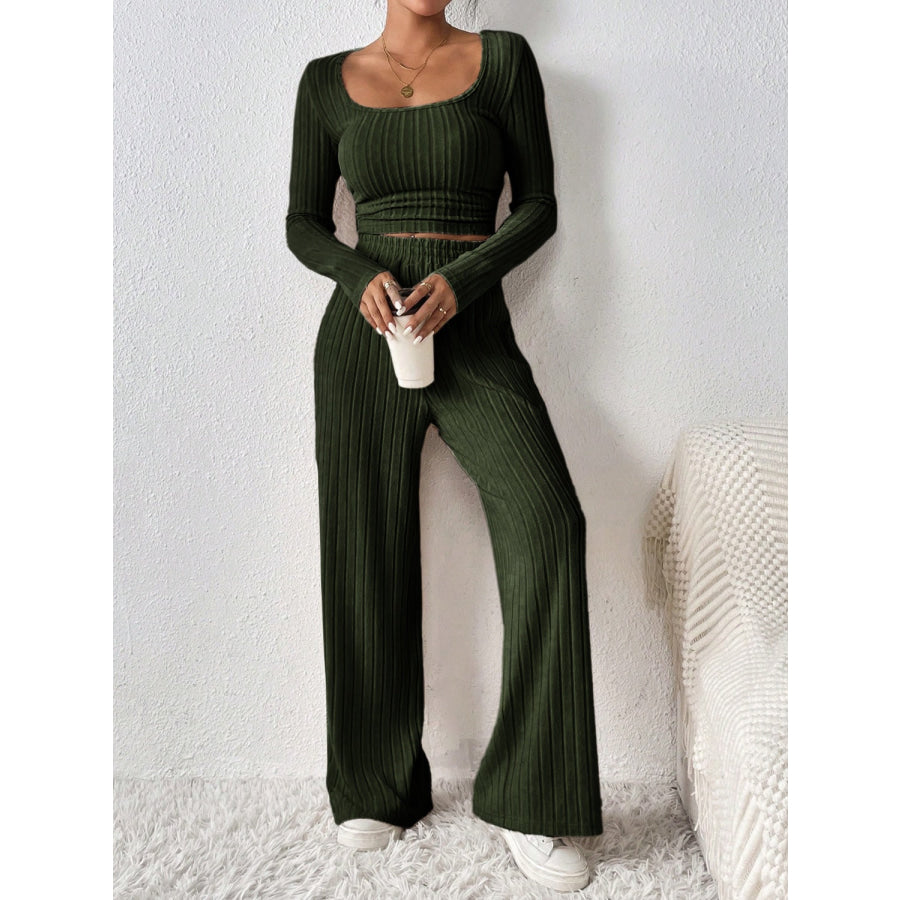 Scoop Neck Long Sleeve Top and Pants Set Apparel and Accessories