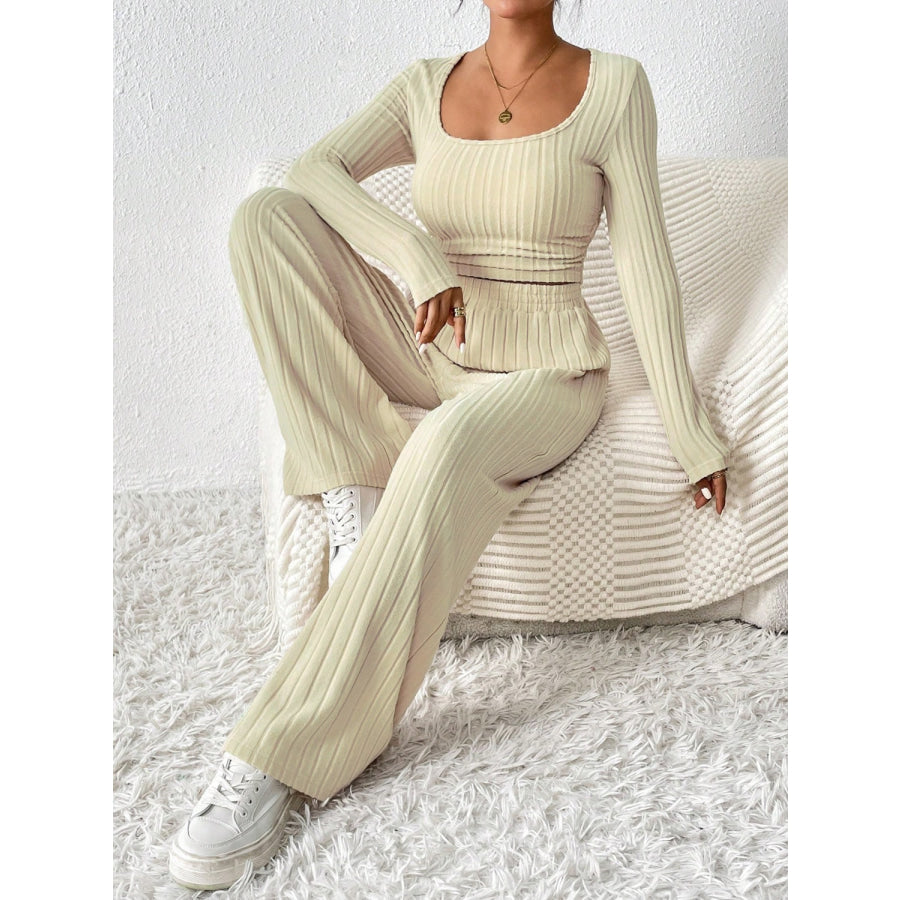 Scoop Neck Long Sleeve Top and Pants Set Apparel and Accessories