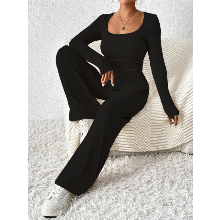 Scoop Neck Long Sleeve Top and Pants Set Apparel and Accessories