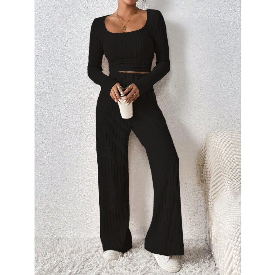 Scoop Neck Long Sleeve Top and Pants Set Apparel and Accessories