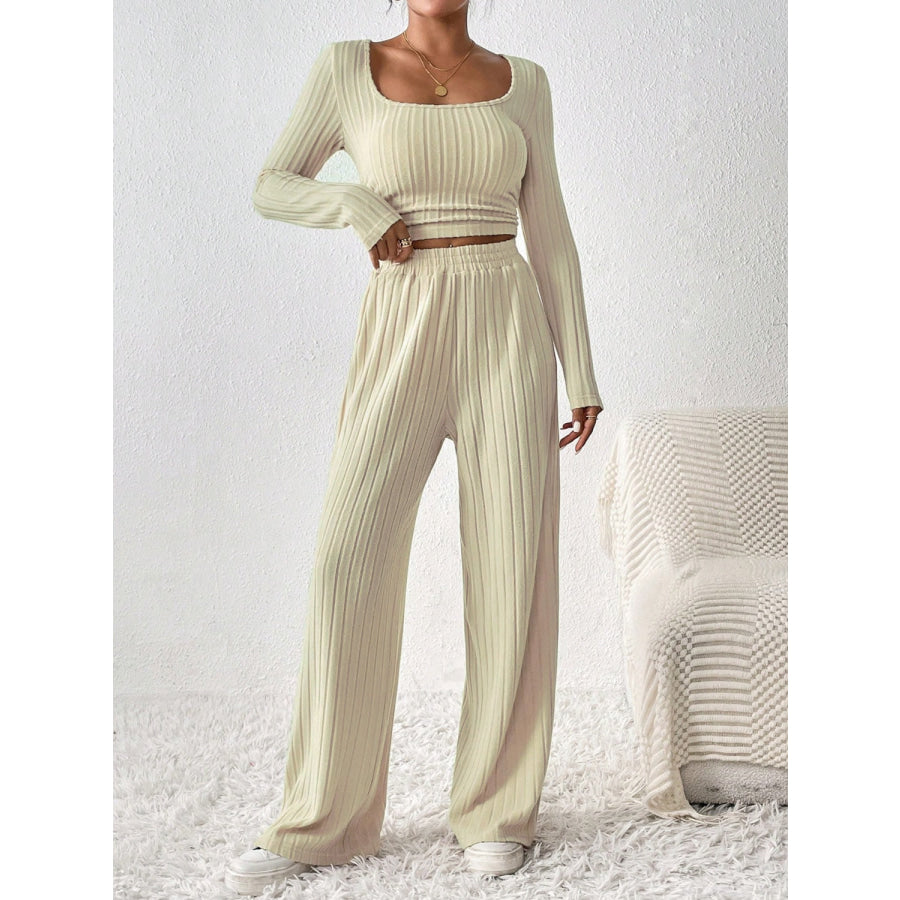 Scoop Neck Long Sleeve Top and Pants Set Apparel and Accessories