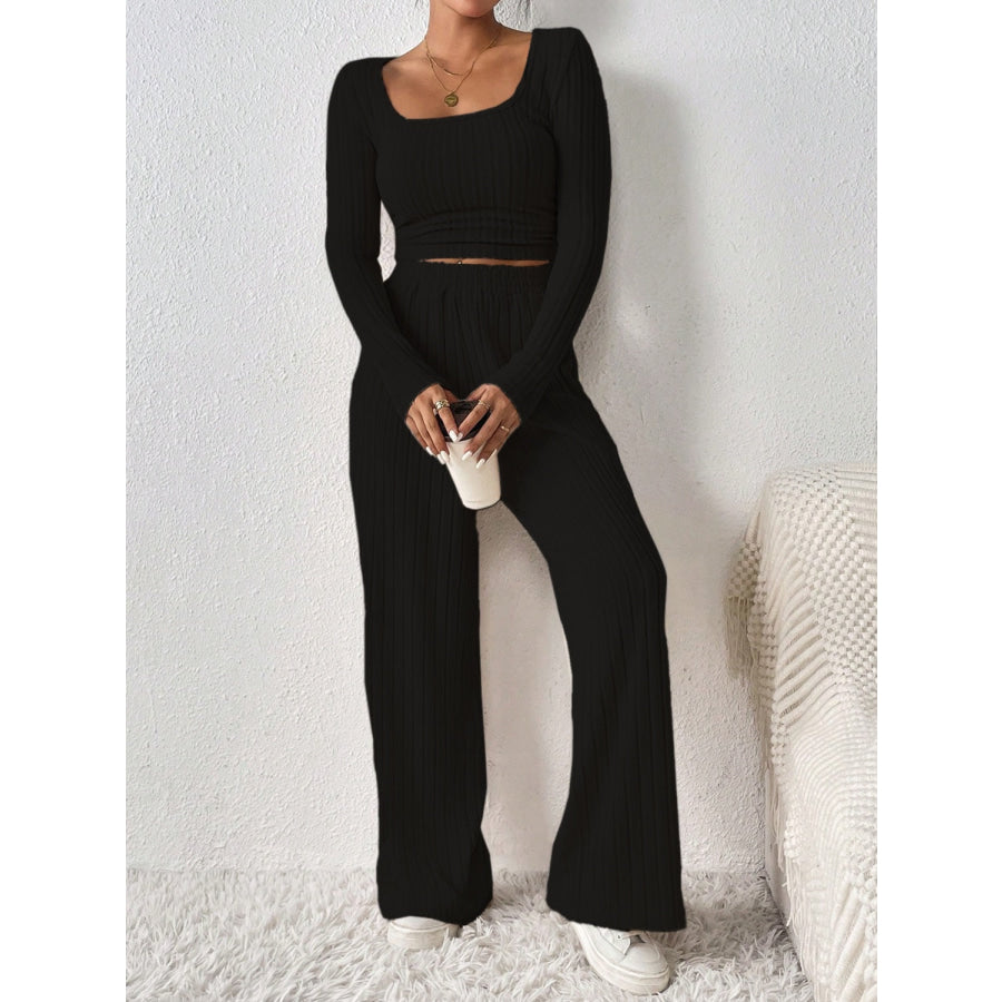 Scoop Neck Long Sleeve Top and Pants Set Apparel and Accessories