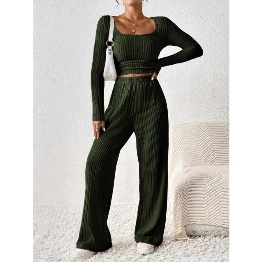 Scoop Neck Long Sleeve Top and Pants Set Army Green / S Apparel and Accessories