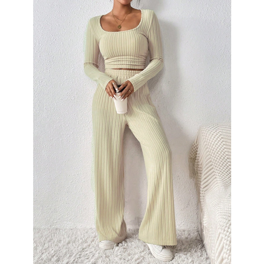 Scoop Neck Long Sleeve Top and Pants Set Khaki / S Apparel and Accessories