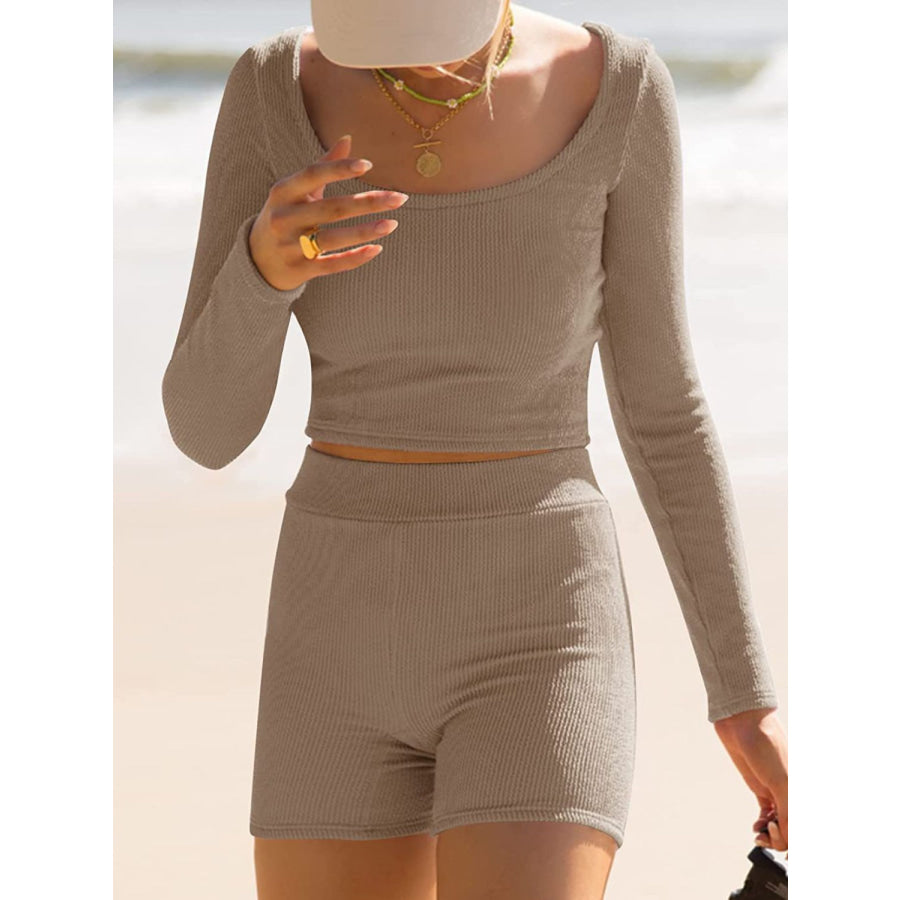 Scoop Neck Long Sleeve Top and Shorts Set Apparel and Accessories