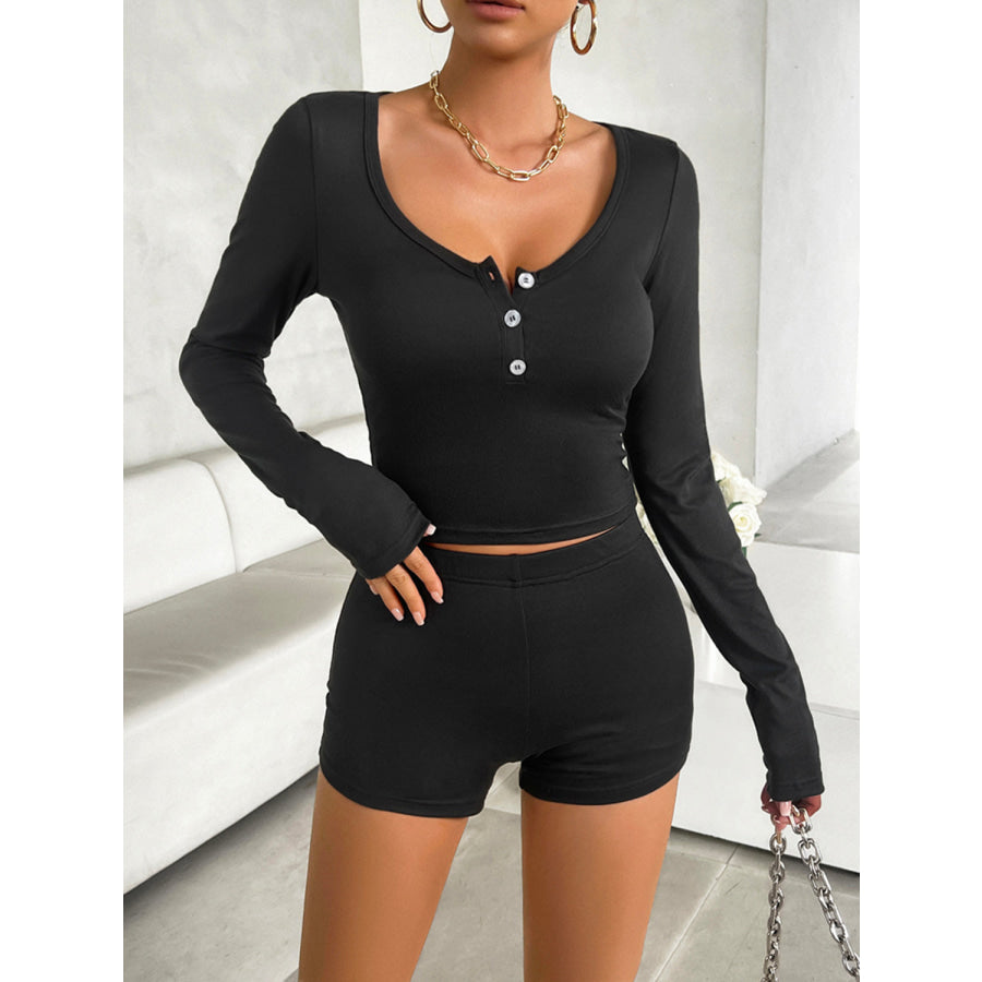 Scoop Neck Long Sleeve Top and Shorts Set Apparel and Accessories