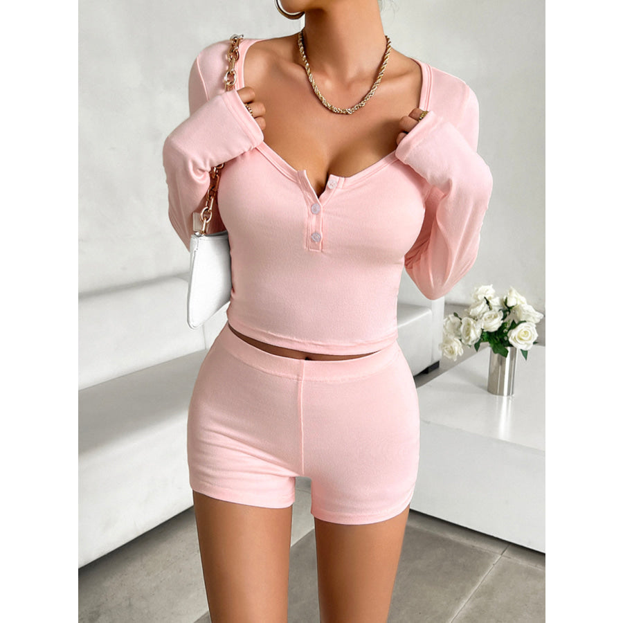 Scoop Neck Long Sleeve Top and Shorts Set Apparel and Accessories