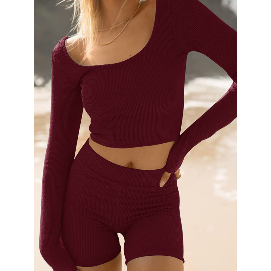 Scoop Neck Long Sleeve Top and Shorts Set Apparel and Accessories