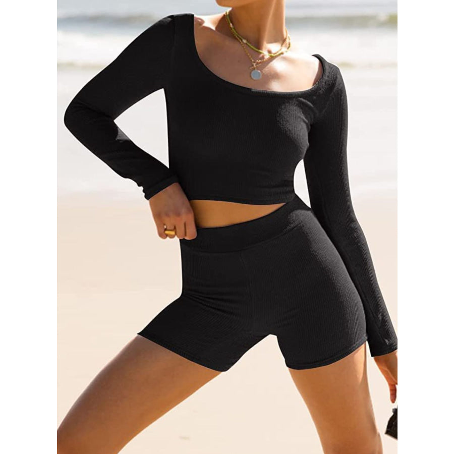 Scoop Neck Long Sleeve Top and Shorts Set Apparel and Accessories