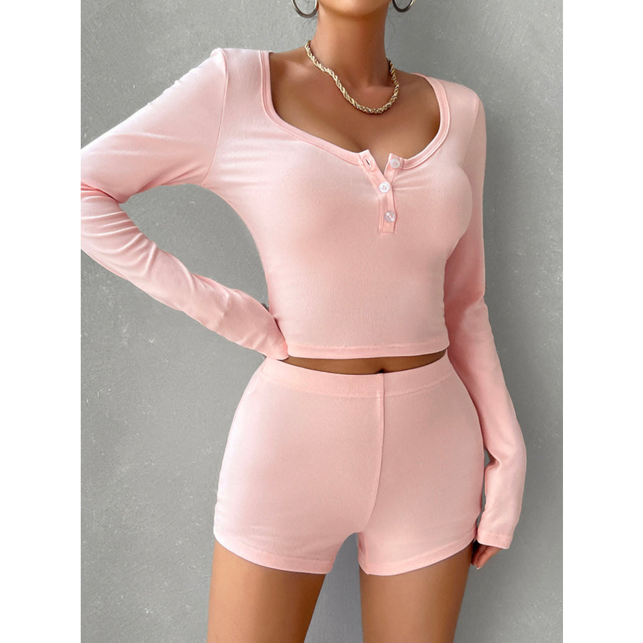 Scoop Neck Long Sleeve Top and Shorts Set Apparel and Accessories