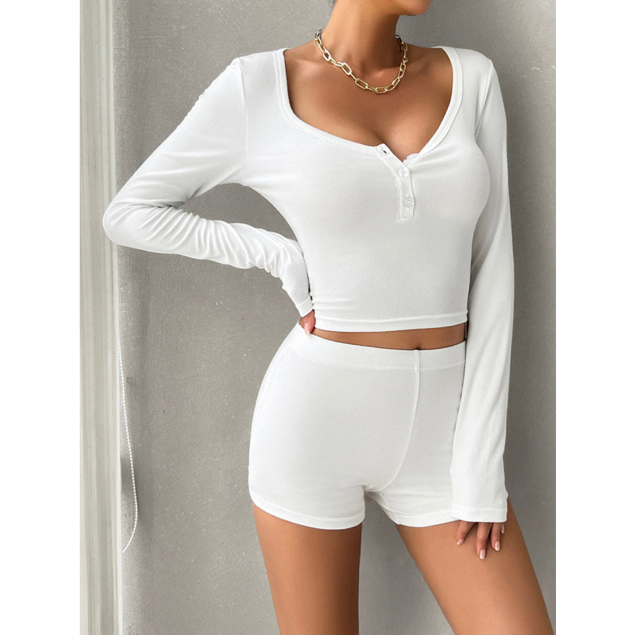 Scoop Neck Long Sleeve Top and Shorts Set Apparel and Accessories