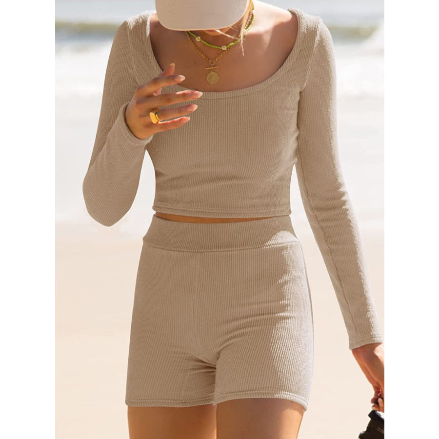 Scoop Neck Long Sleeve Top and Shorts Set Apparel and Accessories