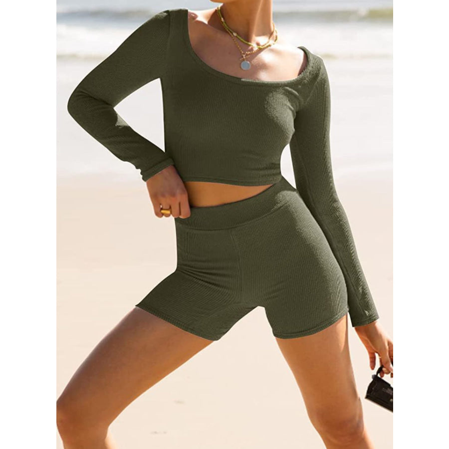 Scoop Neck Long Sleeve Top and Shorts Set Apparel and Accessories