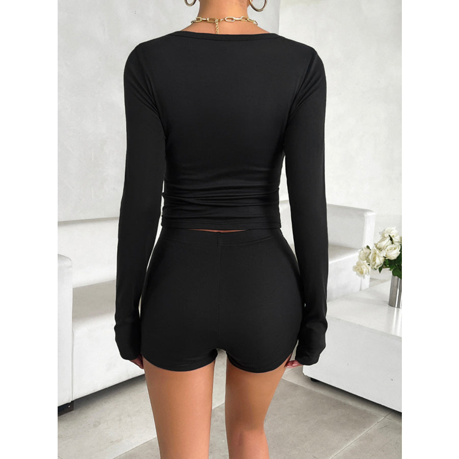 Scoop Neck Long Sleeve Top and Shorts Set Apparel and Accessories