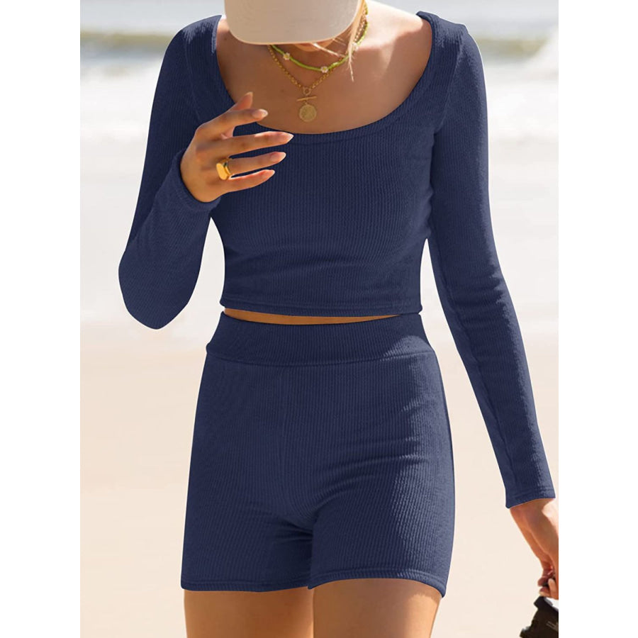 Scoop Neck Long Sleeve Top and Shorts Set Apparel and Accessories