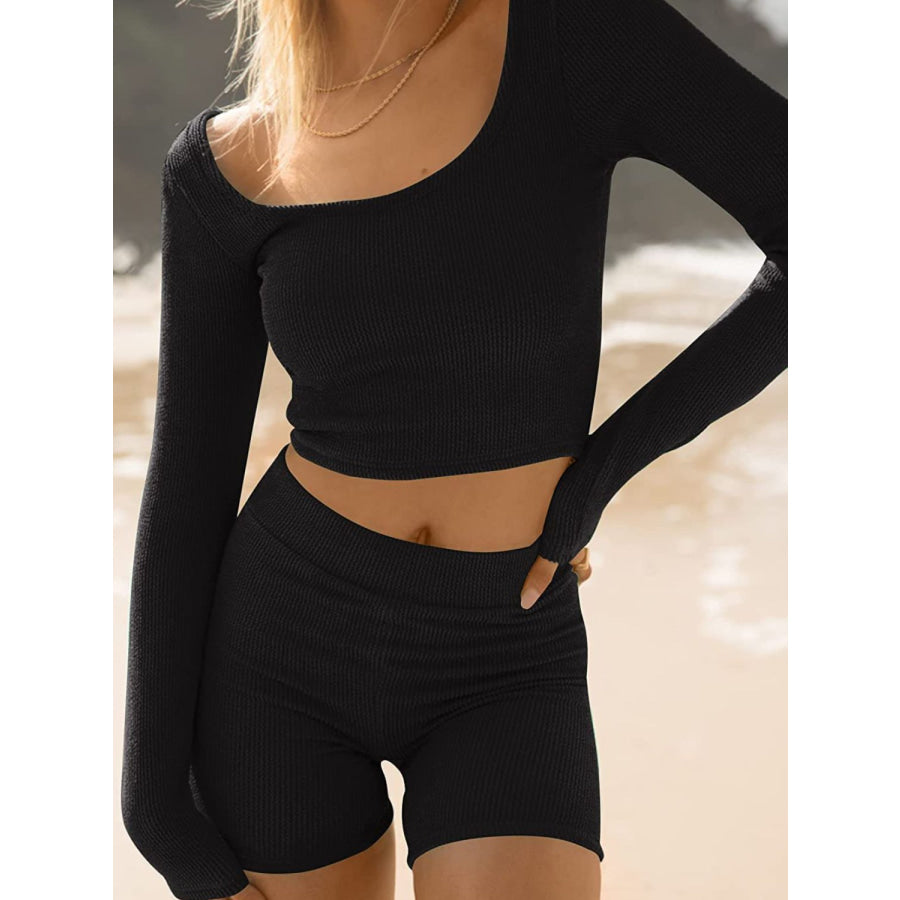 Scoop Neck Long Sleeve Top and Shorts Set Black / S Apparel and Accessories