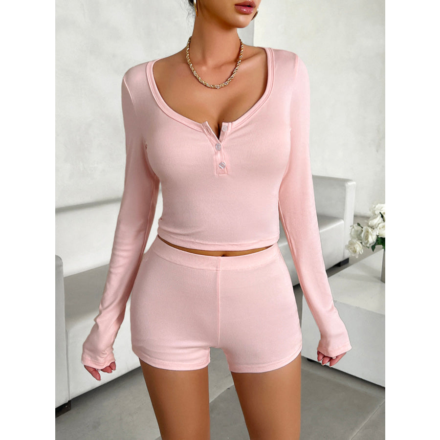 Scoop Neck Long Sleeve Top and Shorts Set Blush Pink / S Apparel and Accessories