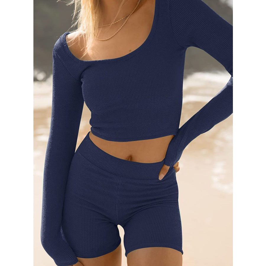 Scoop Neck Long Sleeve Top and Shorts Set Dark Blue / S Apparel and Accessories