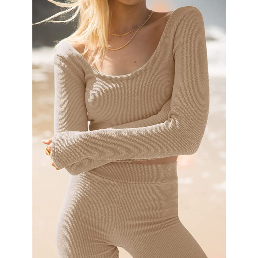 Scoop Neck Long Sleeve Top and Shorts Set Dust Storm / S Apparel and Accessories