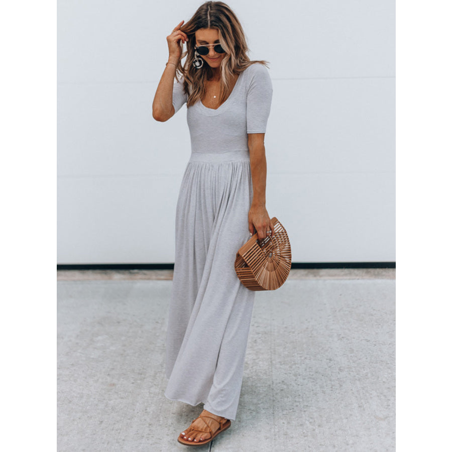 Scoop Neck Short Sleeve Jumpsuit Light Gray / S Apparel and Accessories