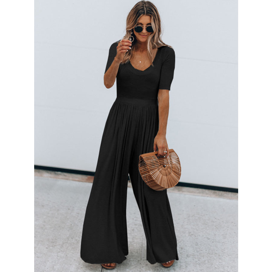 Scoop Neck Short Sleeve Jumpsuit Black / S Apparel and Accessories