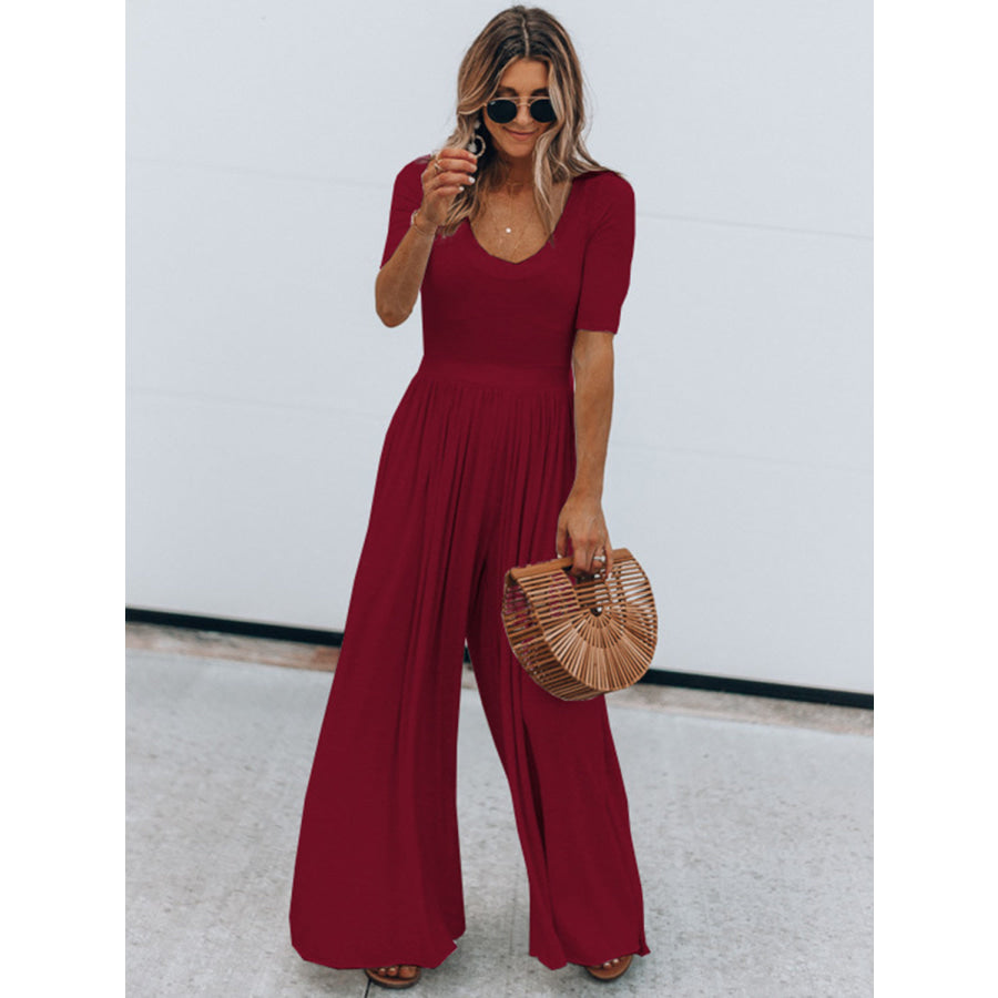 Scoop Neck Short Sleeve Jumpsuit Wine / S Apparel and Accessories
