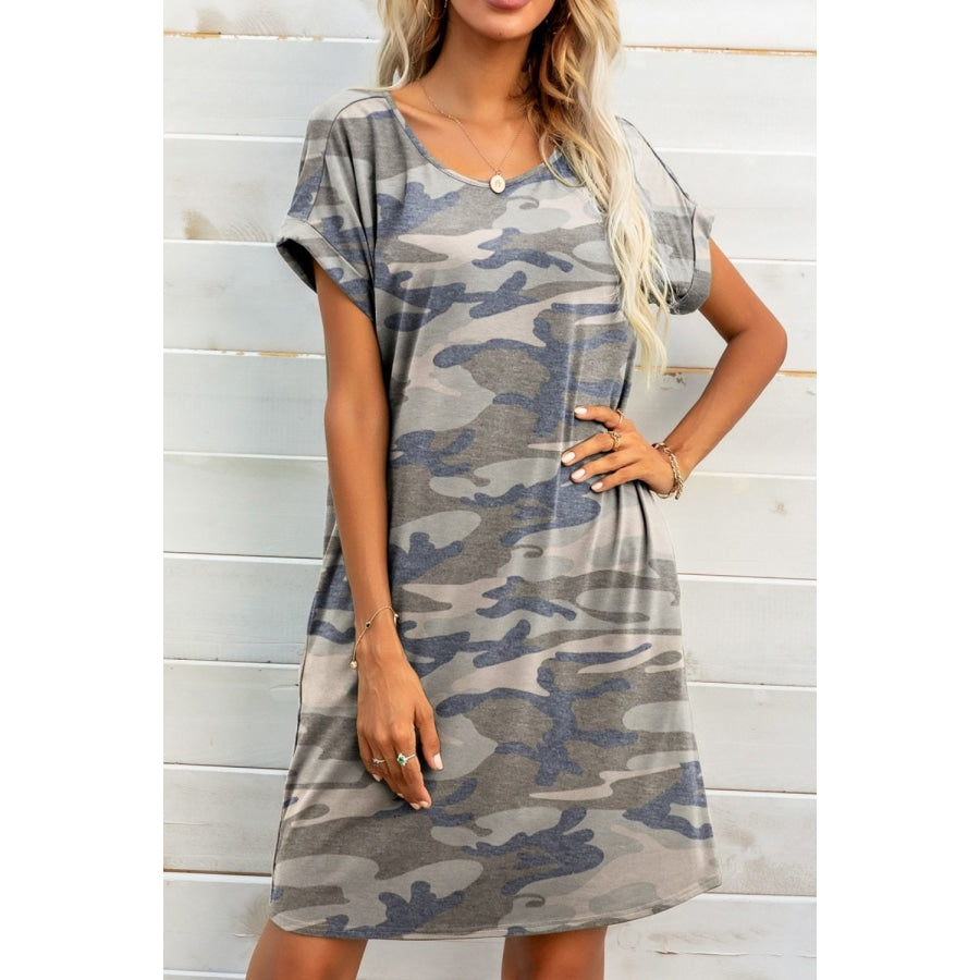 Scoop Neck Short Sleeve Pocket Dress Army Green / S