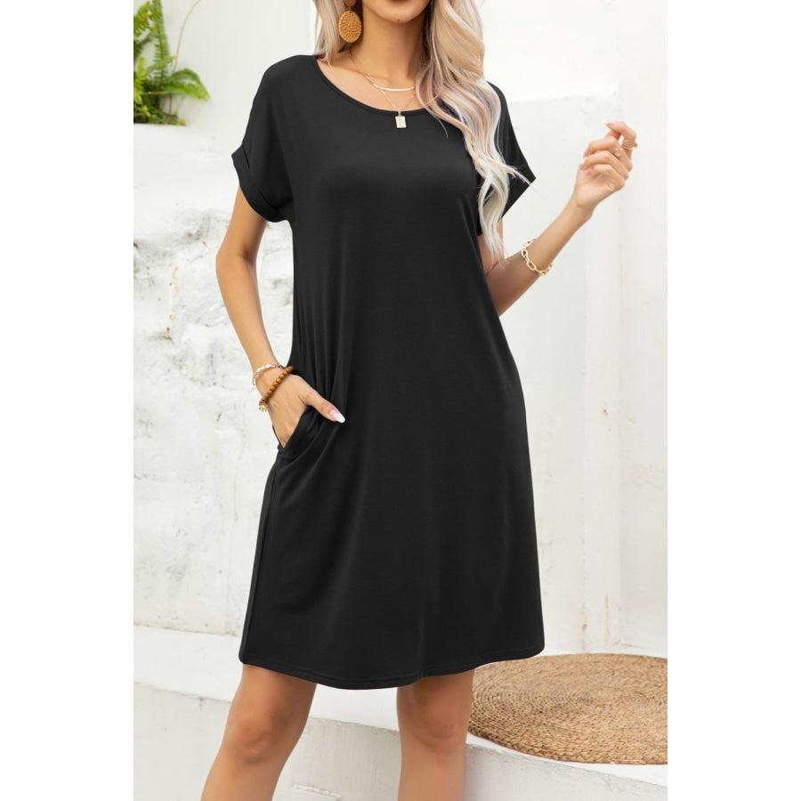 Scoop Neck Short Sleeve Pocket Dress Black / XL