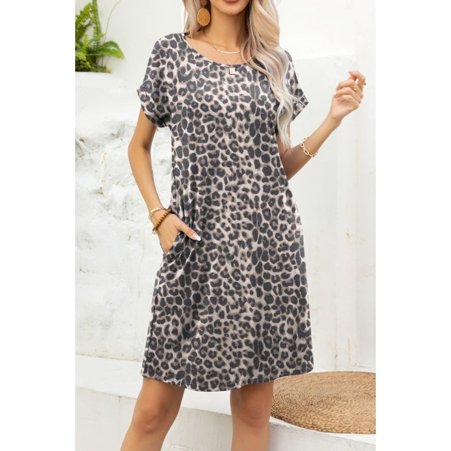 Scoop Neck Short Sleeve Pocket Dress Leopard / L