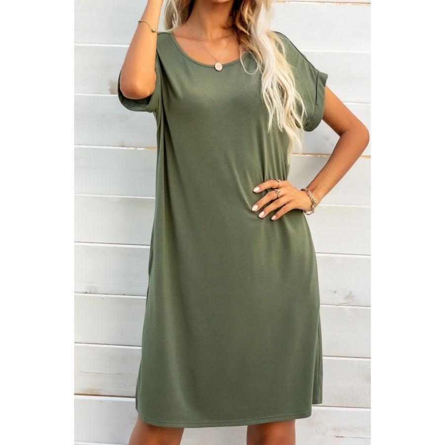 Scoop Neck Short Sleeve Pocket Dress Moss / S