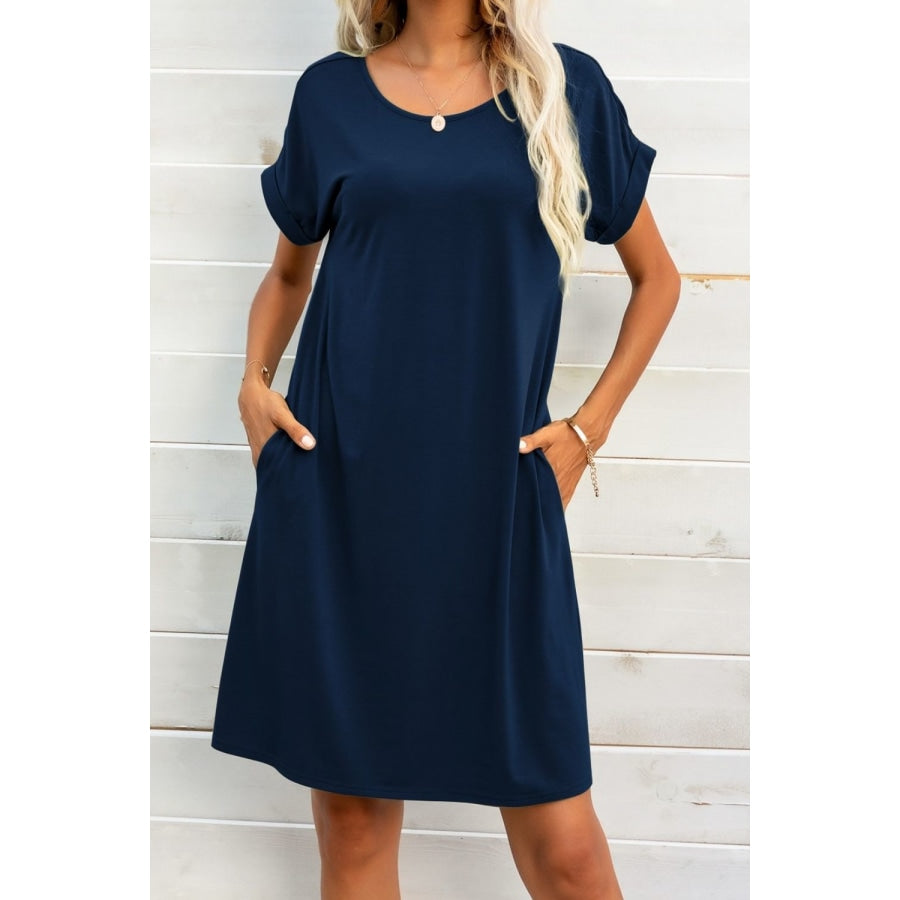 Scoop Neck Short Sleeve Pocket Dress Navy / S