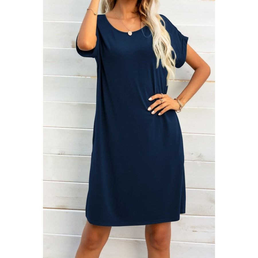 Scoop Neck Short Sleeve Pocket Dress