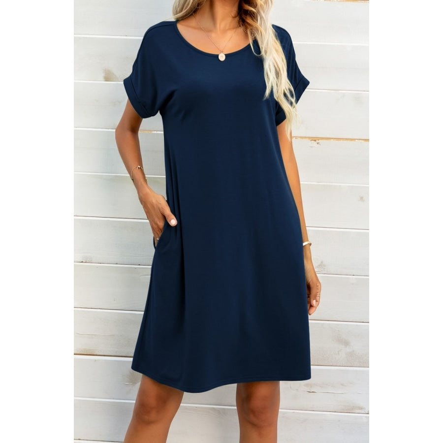 Scoop Neck Short Sleeve Pocket Dress