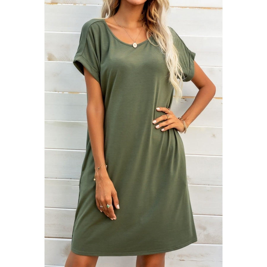 Scoop Neck Short Sleeve Pocket Dress