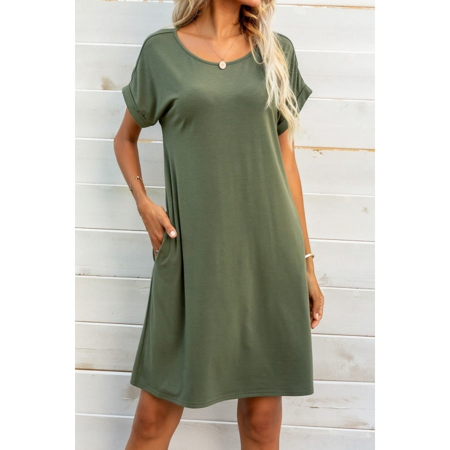 Scoop Neck Short Sleeve Pocket Dress