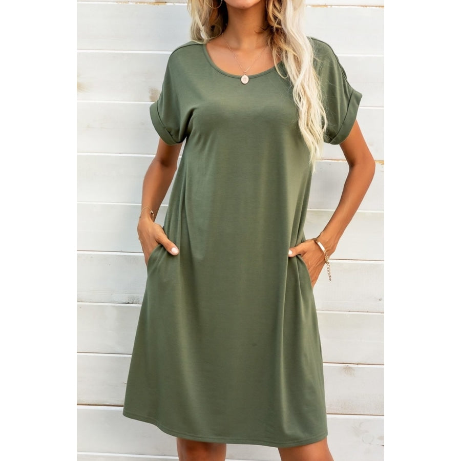 Scoop Neck Short Sleeve Pocket Dress