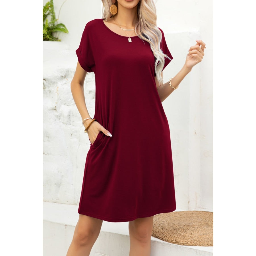Scoop Neck Short Sleeve Pocket Dress Wine / XL
