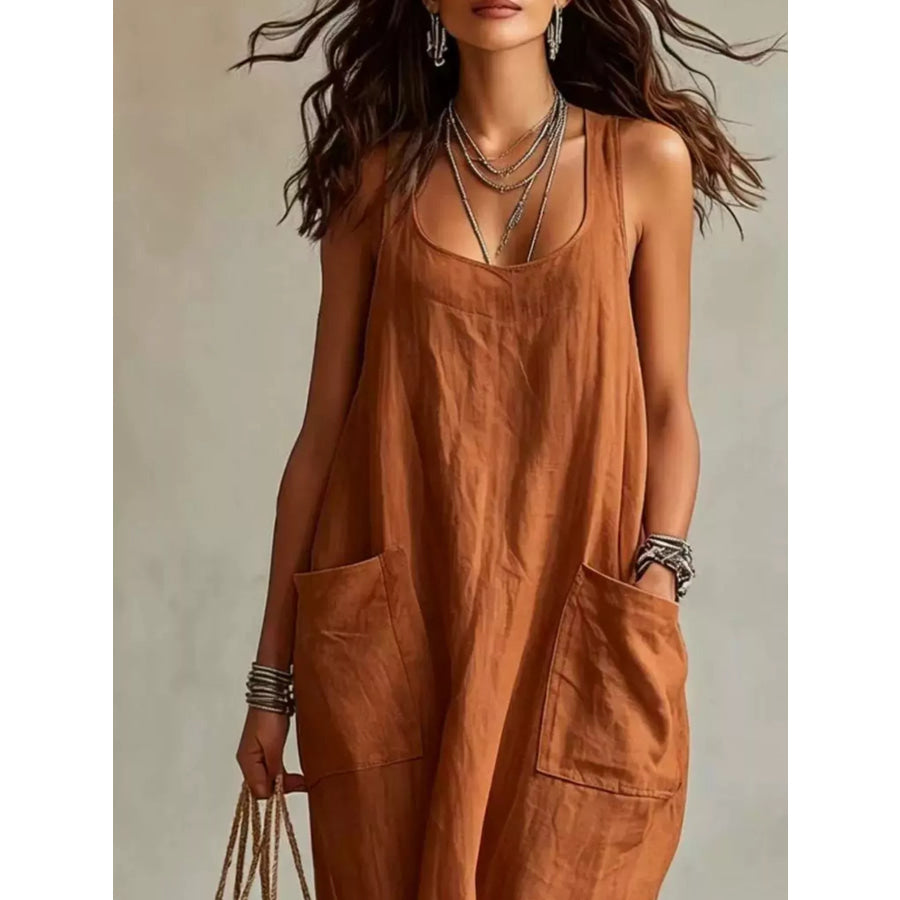 Scoop Neck Sleeveless Maxi Dress with Pockets Apparel and Accessories