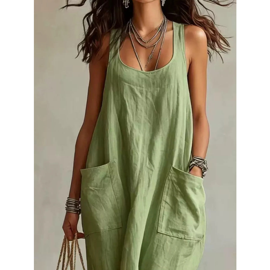 Scoop Neck Sleeveless Maxi Dress with Pockets Apparel and Accessories